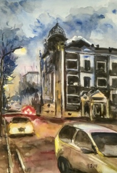 Ostrava, město, svítání, Hotel Polský Dům, karajina, akvarel